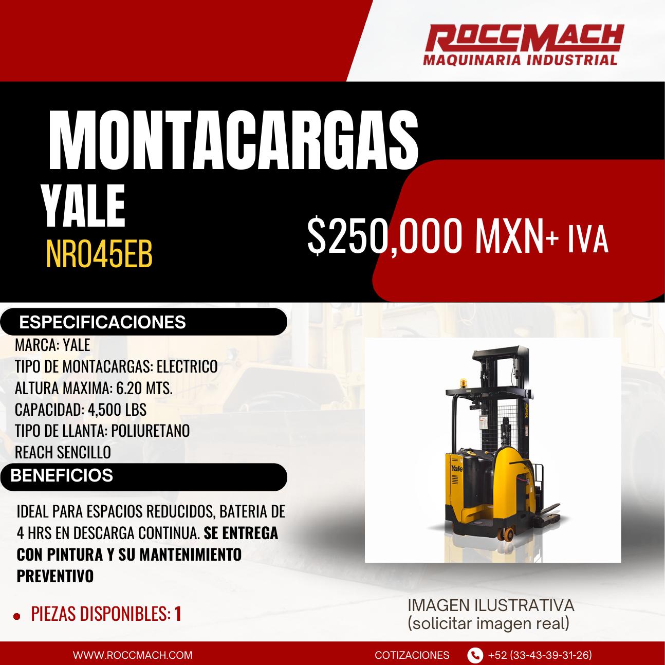 Montacargas eléctrico (reach) Yale NR045EB — $250,000 MXN + IVA