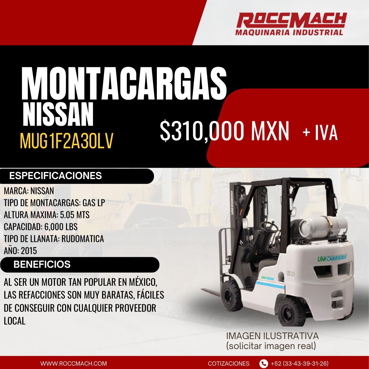 Montacargas Gas LP Nissan MUG1F2A30LV — $310,000 MXN + IVA
