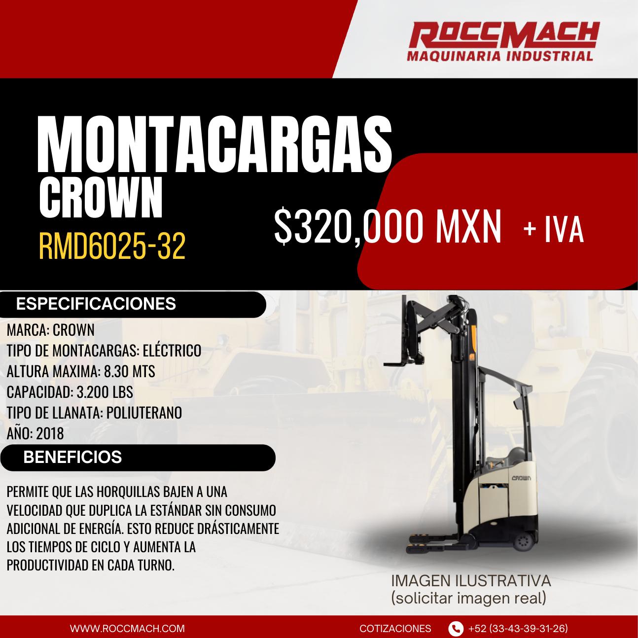 Montacargas eléctrico Crown RMD6025-32 — $320,000 MXN + IVA